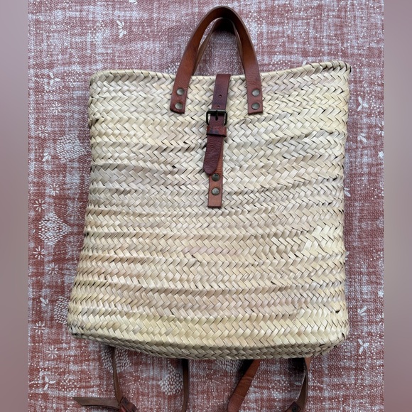 Moroccan Woven Straw Tote with Brown Leather Straps - Picture 1 of 6